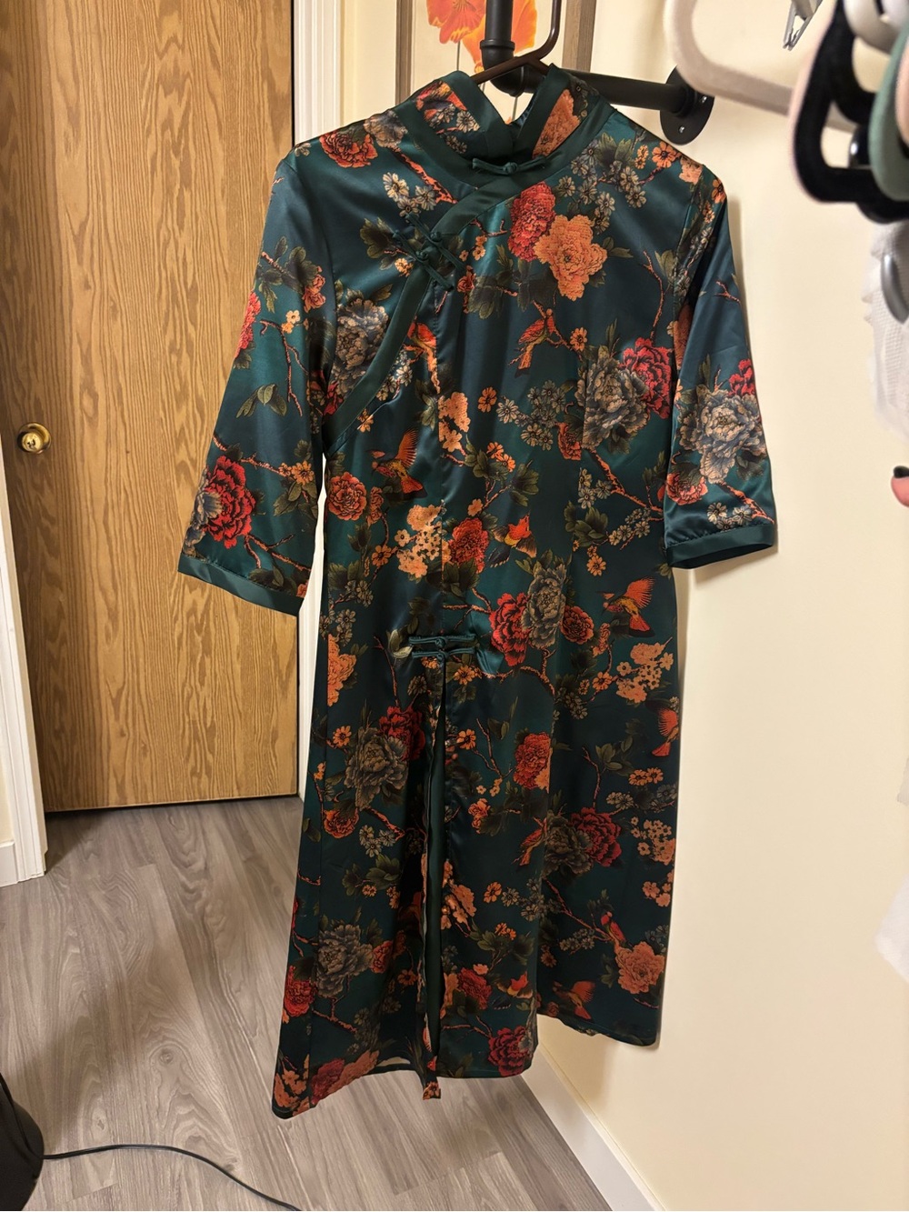 Floral Satin Cheongsam Dress - Green